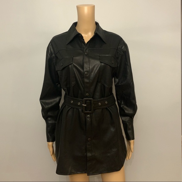 Vegan Faux Leather Oversized Black Belted Blazer Jacket Dress - Picture 3 of 5